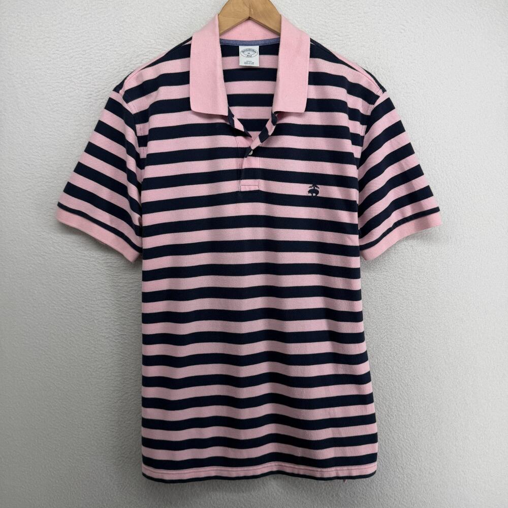 BROOKS BROTHERS Shirt Mens XL 346 Polo Slim Fit Rugby Striped Pique Cotton Pink